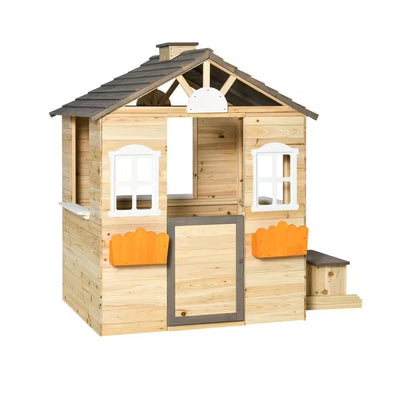 Wooden Kids Indoor, Outdoor Wood Playhouse with Working Door, Windows, Bench, Service Station, Flowers Pot Holder