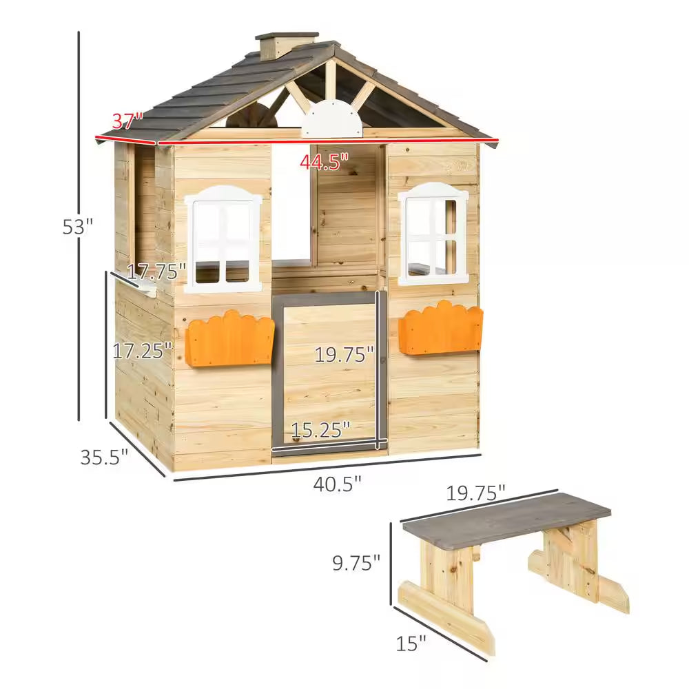 Wooden Kids Indoor, Outdoor Wood Playhouse with Working Door, Windows, Bench, Service Station, Flowers Pot Holder