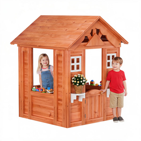 Outdoor Playhouse for Kids Boy Girl Ages 3-8, Wooden Cottage Playhouse with Window & Flowerpot Holder, Play House for Outdoor Garden, Lawn, Patio, Yard