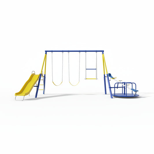 Royal Fun Metal Swing Set for Kids Ages 3-8 with 2 Swings, Standing Swing, Glider, Teeter-Totter & 5FT Slide, Anchor Kit, 6.1FT Steel Frame, Outdoor Playground with 800 Lbs Weight Capacity