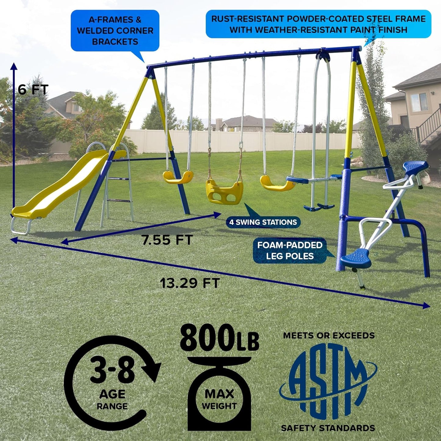 Royal Fun Metal Swing Set for Kids Ages 3-8 with 2 Swings, Standing Swing, Glider, Teeter-Totter & 5FT Slide, Anchor Kit, 6.1FT Steel Frame, Outdoor Playground with 800 Lbs Weight Capacity