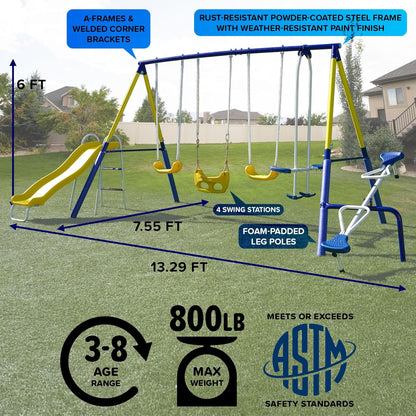 Royal Fun Metal Swing Set for Kids Ages 3-8 with 2 Swings, Standing Swing, Glider, Teeter-Totter & 5FT Slide, Anchor Kit, 6.1FT Steel Frame, Outdoor Playground with 800 Lbs Weight Capacity