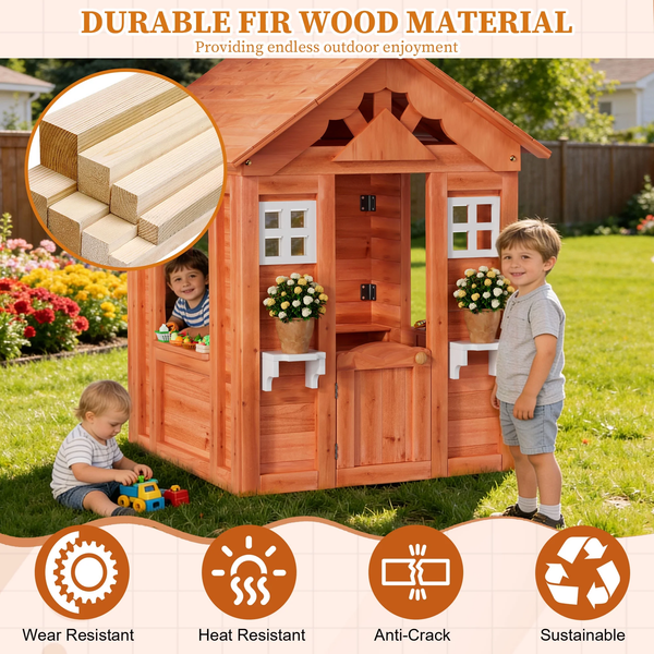 Outdoor Playhouse for Kids Boy Girl Ages 3-8, Wooden Cottage Playhouse with Window & Flowerpot Holder, Play House for Outdoor Garden, Lawn, Patio, Yard