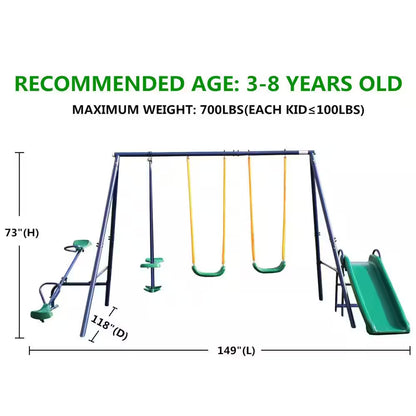 Metal Outdoor Swing Set Patio Swing with 2 Swing Seats, 1 Glider, 1 Slide