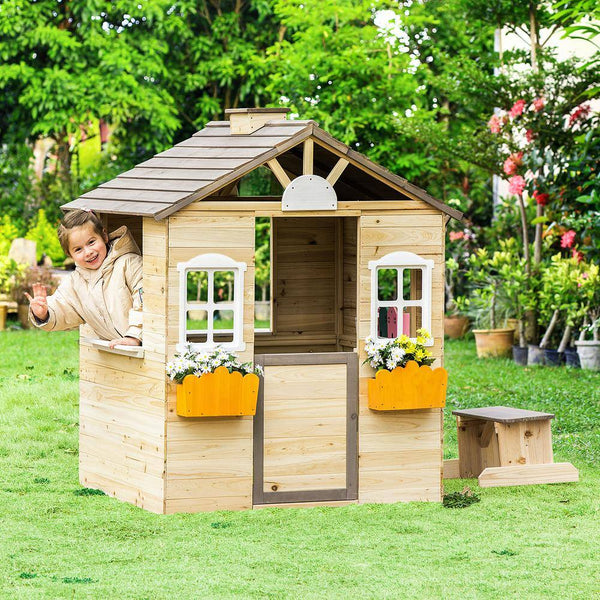 Wooden Kids Indoor, Outdoor Wood Playhouse with Working Door, Windows, Bench, Service Station, Flowers Pot Holder