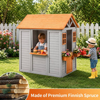 Wooden Kids Playhouse with Play Kitchen, Half Door Windows, Flowerpot Holders, Toys Playset for Backyard Play (Brown and Grey)
