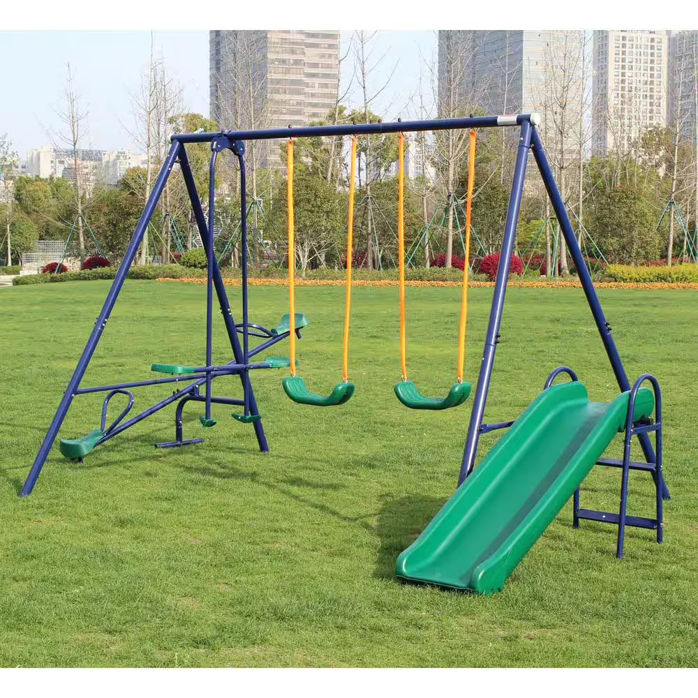 Metal Outdoor Swing Set Patio Swing with 2 Swing Seats, 1 Glider, 1 Slide