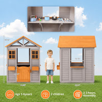 Wooden Kids Playhouse with Play Kitchen, Half Door Windows, Flowerpot Holders, Toys Playset for Backyard Play (Brown and Grey)