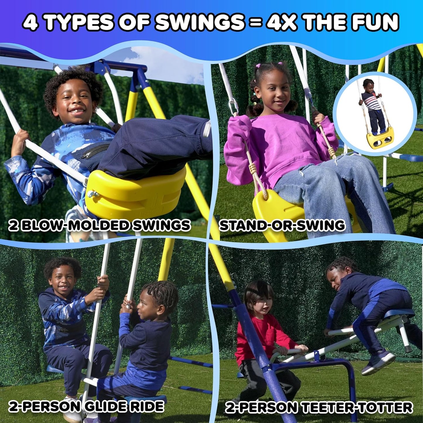 Royal Fun Metal Swing Set for Kids Ages 3-8 with 2 Swings, Standing Swing, Glider, Teeter-Totter & 5FT Slide, Anchor Kit, 6.1FT Steel Frame, Outdoor Playground with 800 Lbs Weight Capacity