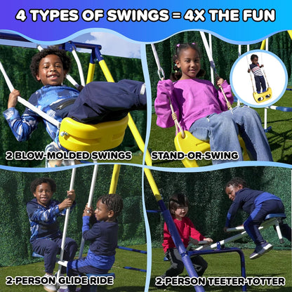 Royal Fun Metal Swing Set for Kids Ages 3-8 with 2 Swings, Standing Swing, Glider, Teeter-Totter & 5FT Slide, Anchor Kit, 6.1FT Steel Frame, Outdoor Playground with 800 Lbs Weight Capacity