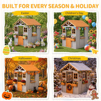 Wooden Kids Playhouse with Play Kitchen, Half Door Windows, Flowerpot Holders, Toys Playset for Backyard Play (Brown and Grey)