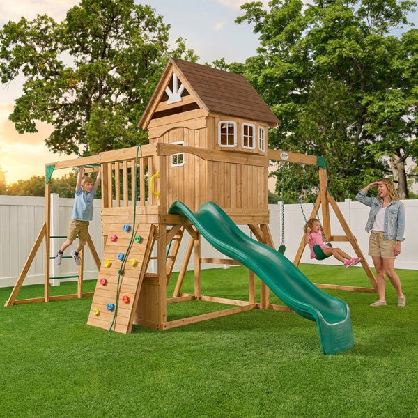 Cedar Swing Set Built for Active Play, Clubhouse & Slide, Monkey Bars, Pre-Drilled Hardware, 16x16 Feet