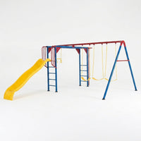 Metal Swing Set Built for Active Play, Monkey Bars, Slide, Trapeze Bar, Steel Frame Construction — Studio Shot