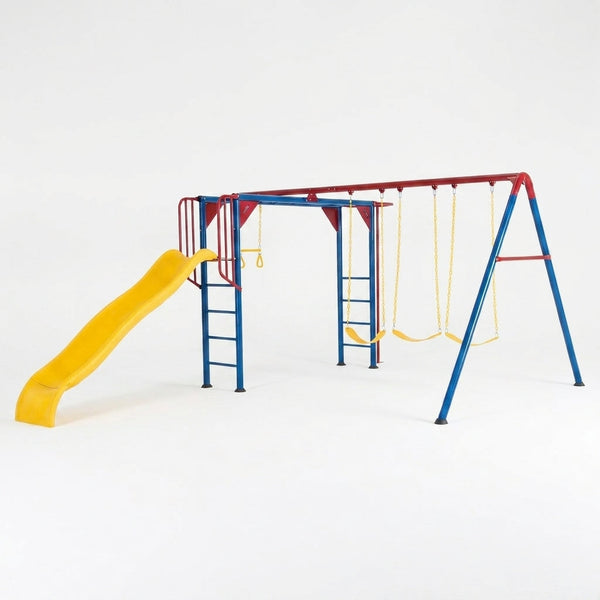 Metal Swing Set Built for Active Play, Monkey Bars, Slide, Trapeze Bar, Steel Frame Construction — Studio Shot