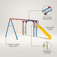 Metal Swing Set Built for Active Play, Monkey Bars, Slide, Trapeze Bar, Steel Frame Construction — infographic