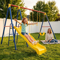 Metal Swing Set Built for Active Play, Monkey Bars, Slide, Trapeze Bar, Steel Frame Construction — Lifestyle
