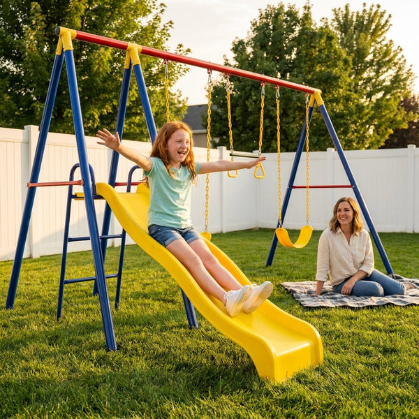 Metal Swing Set Built for Active Play, Monkey Bars, Slide, Trapeze Bar, Steel Frame Construction