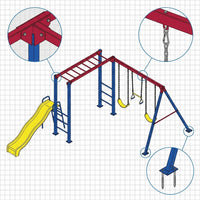 Metal Swing Set Built for Active Play, Monkey Bars, Slide, Trapeze Bar, Steel Frame Construction — How It Works