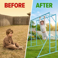 Outdoor Monkey Bar Set with Climbing Frame, Gymnastics Bars, Playground Set for Backyards, Metal Monkey Bar for Kids Age 3 and Up, Backyard Playground Set with Powder Coated Steel, Skyblue — Before & After