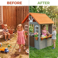 Wooden Kids Playhouse with Play Kitchen, Half Door Windows, Flowerpot Holders, Toys Playset for Backyard Play (Brown and Grey) — Before & After