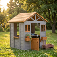 Wooden Kids Playhouse with Play Kitchen, Half Door Windows, Flowerpot Holders, Toys Playset for Backyard Play (Brown and Grey) — Studio Shot