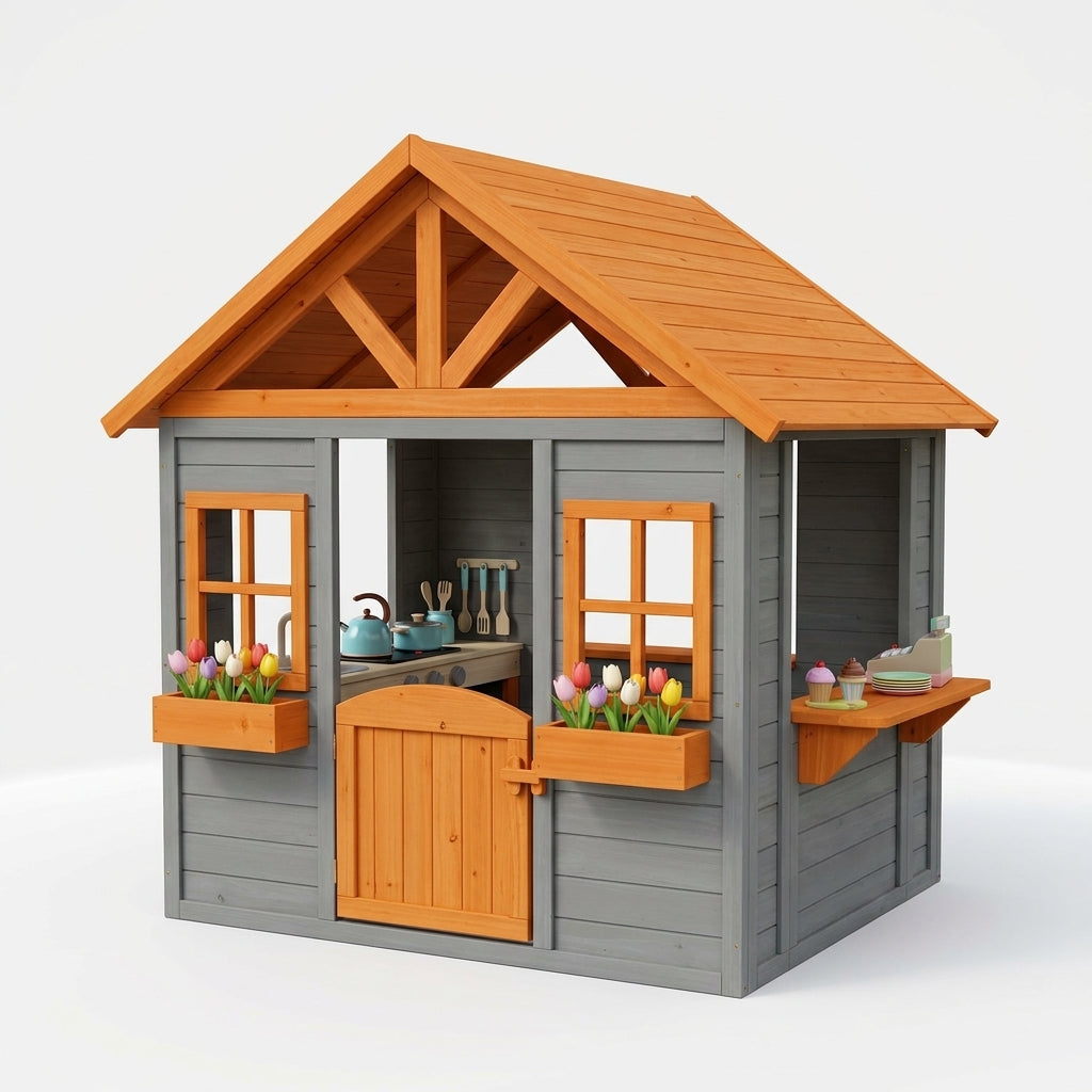 Wooden Kids Playhouse with Play Kitchen, Half Door Windows, Flowerpot Holders, Toys Playset for Backyard Play (Brown and Grey) — Studio Shot