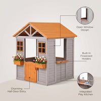 Wooden Kids Playhouse with Play Kitchen, Half Door Windows, Flowerpot Holders, Toys Playset for Backyard Play (Brown and Grey) — infographic