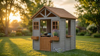 Wooden Kids Playhouse with Play Kitchen, Half Door Windows, Flowerpot Holders, Toys Playset for Backyard Play (Brown and Grey) — Lifestyle