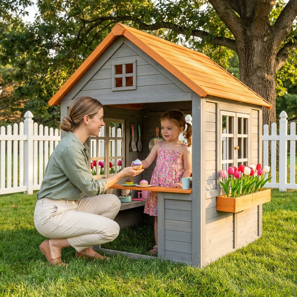 Wooden Kids Playhouse Built for Outdoor Adventures, Finnish Spruce Wood, Play Kitchen, Half Door Windows
