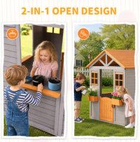 Wooden Kids Playhouse with Play Kitchen, Half Door Windows, Flowerpot Holders, Toys Playset for Backyard Play (Brown and Grey)