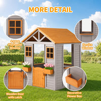 Wooden Kids Playhouse with Play Kitchen, Half Door Windows, Flowerpot Holders, Toys Playset for Backyard Play (Brown and Grey)