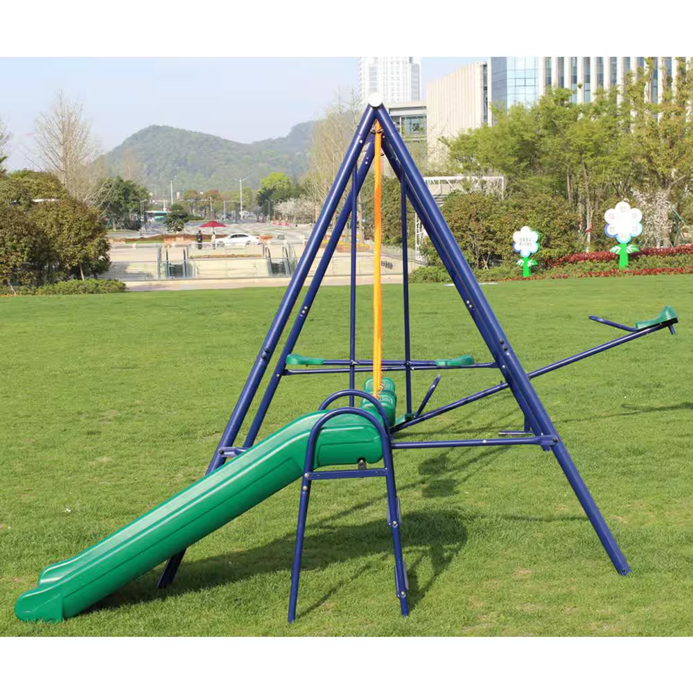 Metal Outdoor Swing Set Patio Swing with 2 Swing Seats, 1 Glider, 1 Slide