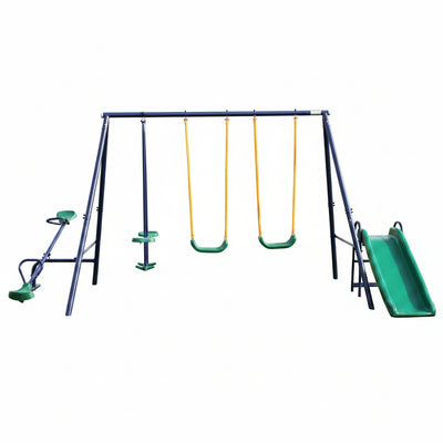 Metal Outdoor Swing Set Patio Swing with 2 Swing Seats, 1 Glider, 1 Slide