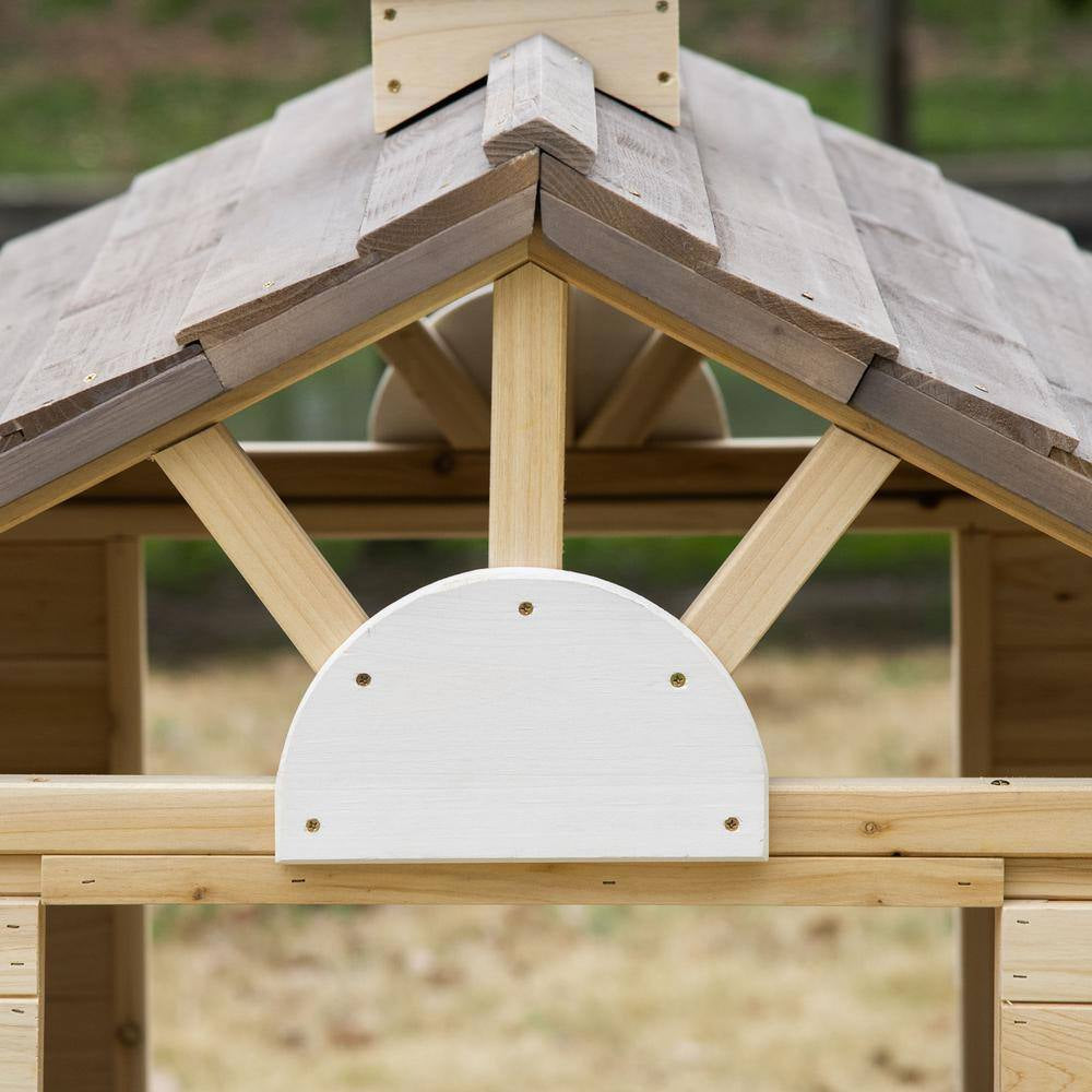 Wooden Kids Indoor, Outdoor Wood Playhouse with Working Door, Windows, Bench, Service Station, Flowers Pot Holder