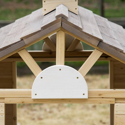 Wooden Kids Indoor, Outdoor Wood Playhouse with Working Door, Windows, Bench, Service Station, Flowers Pot Holder