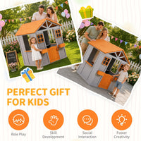 Wooden Kids Playhouse with Play Kitchen, Half Door Windows, Flowerpot Holders, Toys Playset for Backyard Play (Brown and Grey)